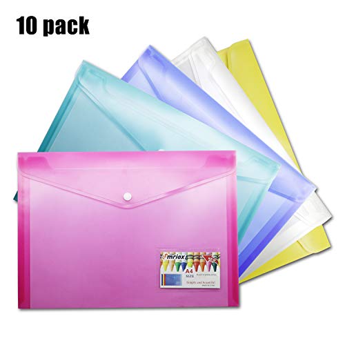 Product Cover Umriox Plastic Envelopes Poly Envelopes, 10 Pack Clear Document Folders US Letter/A4 Size File Envelopes with Snap Closure & Label Pocket for School Home Work Office Organization