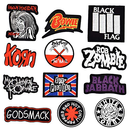 Product Cover Riao-Tech 12 pc. Rock Punk Band Patch Set Iron on Sew on Patches, My Chemical Romance, Iron Maiden, Black Flag, Pink Floyd The Wall, Red Hot Chili Peppers, Korn, White Zombie