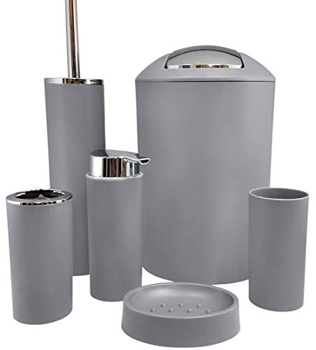 Product Cover Grey Bathroom Accessories Set 6pc, Modern Bathroom Decor, Home Decor, Bathroom Trash Can, Toothbrush Holder, Soap Dispenser, Toilet Brush and Holder,Soap Dish,Tumbler Cup,Bathroom Storage,Garbage Can