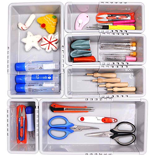 Product Cover Mebbay Junk Drawer Organizer, Plastic Drawer Organizer Tray for Office, Desk, Bathroom with 25 Pcs Non-Slip Pads (4 Small and 2 Big) Gray, Expandable