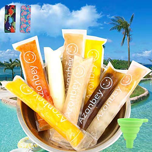 Product Cover AZONBEY 140Pcs Disposable Ice Popsicle Mold Bags,Homemade Ice Pop Bags with A Funnel 2 Popsicle Holders and Zip Seals For Ice Candy Pops,Juice & Fruit Smoothies, Yogurt Sticks Popsicle Bags