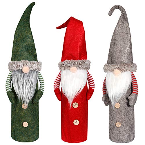 Product Cover D-FantiX Christmas Gnomes Wine Bottle Cover, Handmade Swedish Tomte Gnomes Wine Bottle Toppers Santa Claus Bottle Bags with Drawstring Style Holiday Home Christmas Decorations Gift 3 Pack