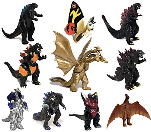 Product Cover EZFun Set of 10 Godzilla Toys with Carry Bag, Movable Joint Action Figures 2019, King of the Monsters Mini Dinosaur Mothra Imago Burning Heisei Mecha Ghidorah Playsets Kids Birthday Cake Toppers Pack