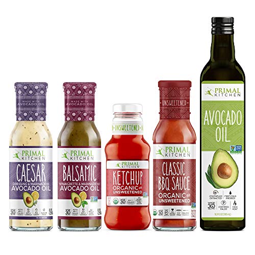 Product Cover Primal Kitchen Whole 30 Dressing & Sauce Essential Kits, Includes: Avocado Oil, Caesar Dressing, Balsamic Dressing, Unsweetned Ketchup, and Classic BBQ Sauce