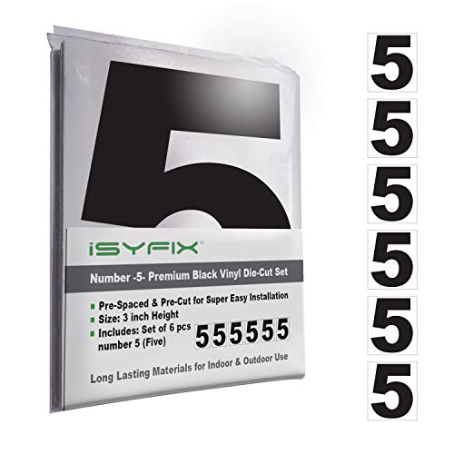 Product Cover Black Vinyl Number 5 (Five) Stickers - 6 Pack 3-Inch Self Adhesive - Premium Decal Die Cut & Pre-Spaced for Mailbox, Signs, Door, Cars, Trucks, Home, Business, Address Number, Indoor & Outdoor