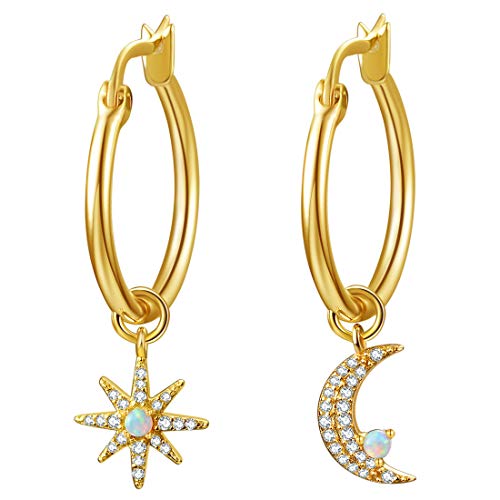 Product Cover Moon & Star Charms Huggie Hoop Earrings for Women, Dangle Hoops for Teen Girls, 14K Gold Plated with Cubic Zirconia & Opal Earrings