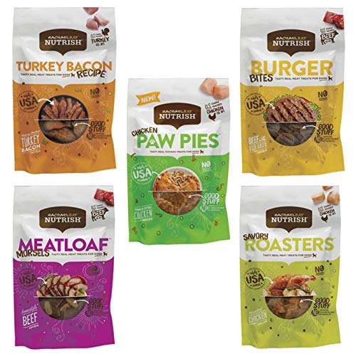 Product Cover Rachael Ray Nutrish Variety Pack Bundle of 5 Chewy Treats 3 Oz Each Burger Bites, Savory Roasters, Meatloaf Morsels, Turkey Bacon Recipe and Chicken Paw Pies