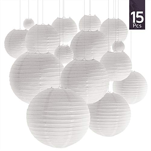 Product Cover 15 Packs Chinese White Paper Lanterns for Hanging Decorations with Assorted Sizes - Great for Weddings & Parties & Birthdays!