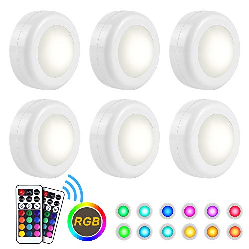 Product Cover Wireless LED Puck Light 6 Pack With Remote Control, RGB Color Changing LED Under Cabinet Lighting, Closet Light, Battery Powered Lights, Under Counter Lighting, Stick On Lights-Small Size 3xAAABattery