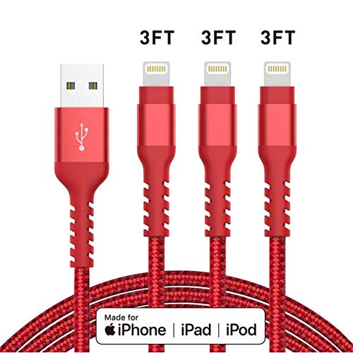 Product Cover AHGEIIY iPhone Charger Cable,MFi Certified Lightning Cable- 3Pack Nylon Braided Charger Cord Compatible for iPhone Xs, Max, XR, X, 8,7,6,6s Plus, 8, 7, 6, 6s, iPad,iPod and More - RED (3 FEET)