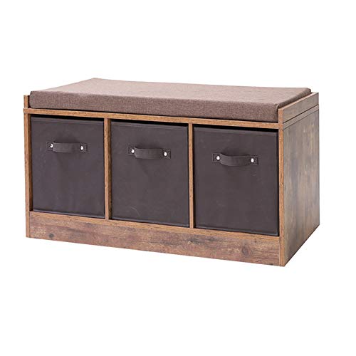 Product Cover IWELL Rustic Storage Bench with 3 Removable Drawers, Entryway Bench Storage Bench with Removable Cushion, Perfect for Under Window, Hallway, mudroom, Living Room HXD001F-