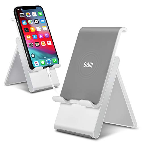 Product Cover Adjustable Cell Phone Stand, SAIJI Phone Stand for Desk, Tablet Stand, Foldable Desktop Phone Holder Dock Anti-Scratch Compatible for iPad Tablet Smartphones 11 Pro- Gray