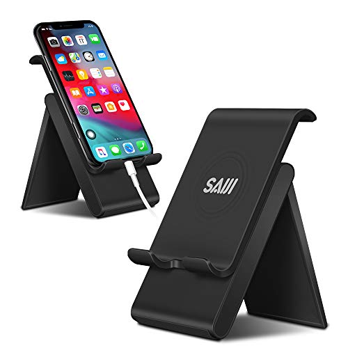 Product Cover Adjustable Cell Phone Stand, SAIJI Phone Stand for Desk with Anti-Scratch and Charging Dock, Foldable Stand Compatible for ipad Tablet Smartphones - Black
