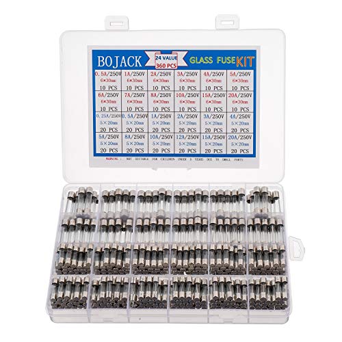 Product Cover BOJACK 24 Values 360 pcs Fast-Blow Glass Fuses Assortment Kit 5x20mm 250V 0.25 0.5 1 2 3 4 5 8 10 12 15 20A 6x30mm 250V 0.5 1 2 3 4 5 6 7 8 10 15 20A amp packag in a Clear Plastic Box