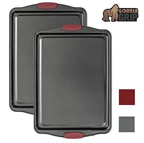 Product Cover Gorilla Grip Premium Non Stick Baking Cookie Sheets, Bakeware Set of 2, Red Silicone Handles, Multi Purpose Professional 2-Piece Pan for Bakers and Cooks, Half Sheet Pans 17.5 Inch x 11.75 Inch