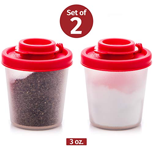 Product Cover Salt and Pepper Shakers Moisture Proof Set of 2 Medium Salt Shaker to go Camping Picnic Outdoors Kitchen Lunch Boxes Travel Spice Set Clear with Red Covers Lids Plastic Airtight Spice Jar Dispenser
