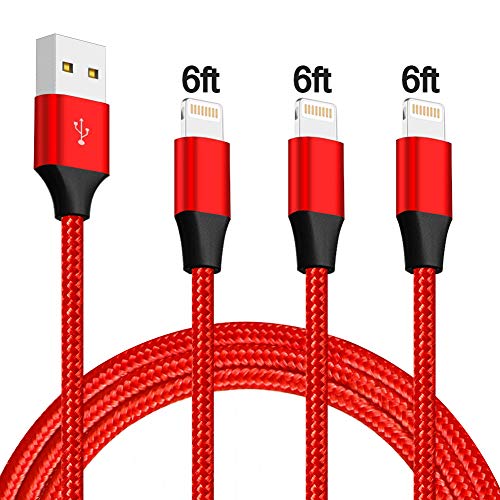 Product Cover Lightning Cable MFI Certified iPhone Charger Cable Nylon Braide Lightning Charging Cable 3 Pack 6FT Long iPhone Cable USB Lightning Cord Compatible iPhone XS/Max/XR/X/8/8P/7P/6S/iPad/iPod/IOS (Red)