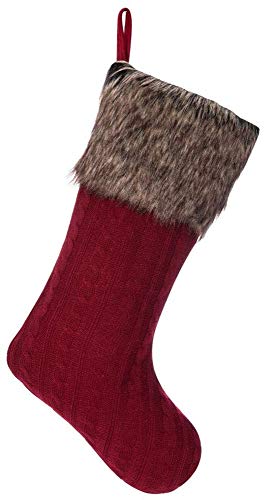 Product Cover SANNO 18 inch Large Bulk Red Christmas Stocking with Luxury Fur, Cable Knit Christmas Stockings with Plush Faux Fur for Family Holiday Decorations, Knitted Rustic Xmas Stockings Cream or Burgundy