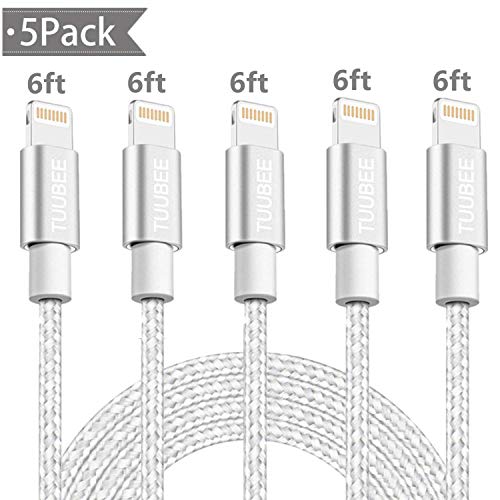 Product Cover Lightning Cable TUUBEE Nylon Braided iPhone Charger Cable Cord 5Pack 6FT Long MFi Certified iPhone Data Cable Wire USB Fast Charging Cord Compatible iPhone XS/MAX/XR/X/8/7/6/5/iPad/iPod (Silver&White)