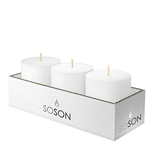 Product Cover Simply Soson 3 x 3 Inch White Unscented Pillar Candle Bulk Set - Dripless, Scent Free Paraffin Wax Candle Pillars - Medium Size or Home No Drip Candles - 3 Pack