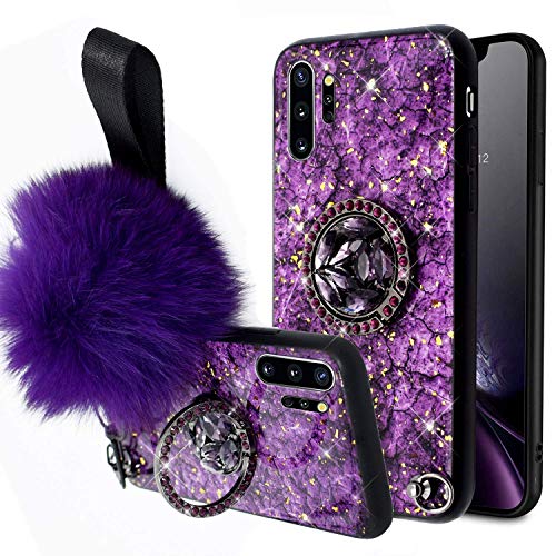 Product Cover Aulzaju Case for Samsung Note 10 Plus,Note 10 Plus Luxury Bling Marble Shockproof Hybrid Case Cute Crystal Rhinestone Ring Stand Cover with Soft Furry Ball for Girls Women-Purple