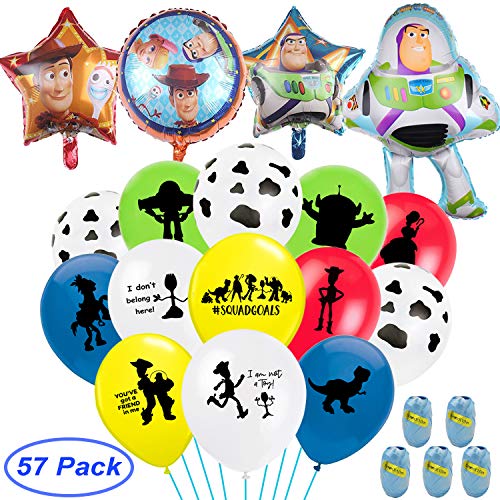 Product Cover Toy Inspired Story Birthday Party Balloons, Including 40Pcs Double Sided Latex Balloons 8Pcs Cow Printed Latex Balloons 4Pcs Foil Balloons And 5Pcs 11 Yards(Each One) Ribbons Ideal for Kid Birthday Party Decorations