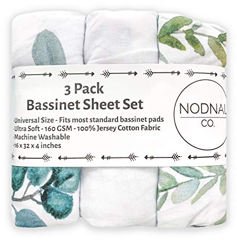 Product Cover NODNAL CO. Leafy Bassinet Fitted Sheet Set 3 Pack 100% Jersey Cotton for Baby Girl/Boy - Gender Neutral Leafs, Greenery, Floral Eucalyptus 160 GSM Sheets