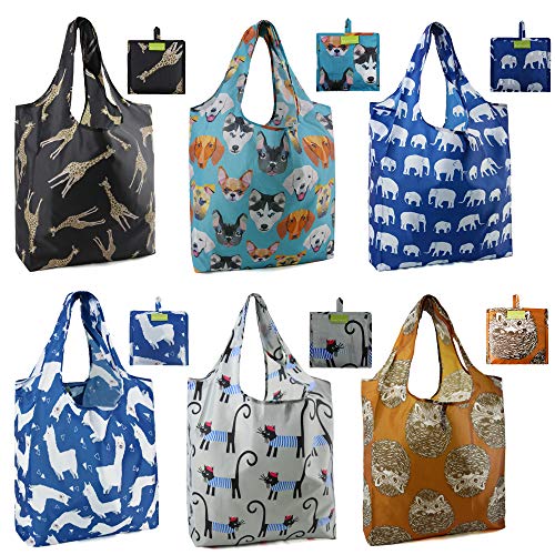 Product Cover Reusable Grocery Bags 6 Pack Cute Animal Shopping Bags Bulk X-Large 50Lbs Machine Washable Ripstop Nylon Foldable Bags with Pouch Reusable Bags for Groceries Elephant Cat Hedgehog Giraffe Alpaca Dog