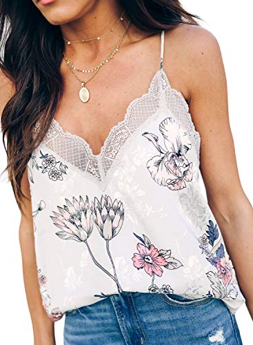 Product Cover Sidefeel Women V Neck Lace Strappy Floral Print Tank Top Sleeveless Blouse