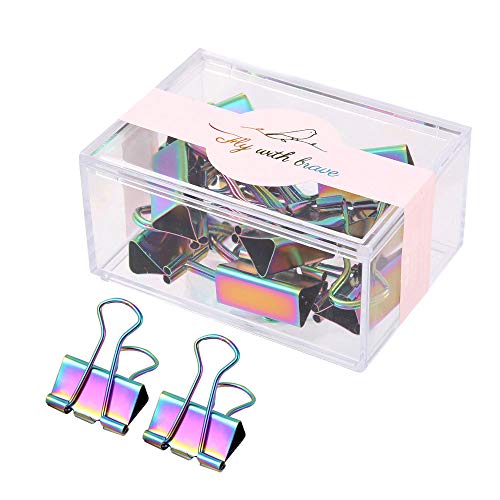 Product Cover Colorful Rainbow Decorative Binder Clips with Dispenser,Holographic Paper Document Metal Clamp Artwork, Snack Bag Sealing Clips, 10Pcs in Reusable Organizer for Office School, 25mm Medium Size