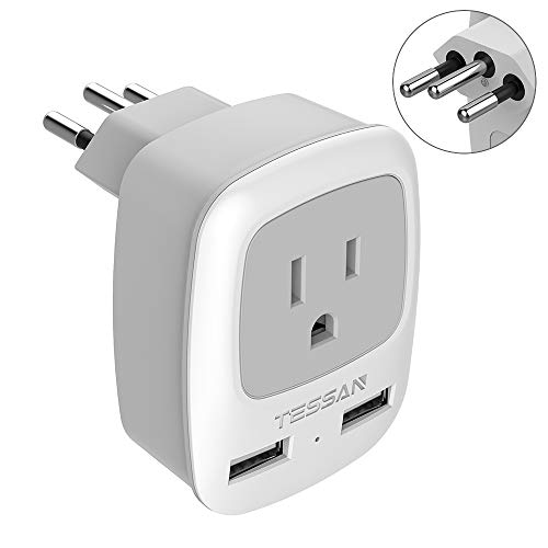 Product Cover Brazil Power Adapter Travel Plug - TESSAN 3 in 1 USA Outlet Adapter with 2 USB Charging Ports + US Grounded Input for USA to Brazil (Type N)
