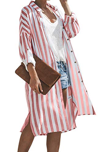 Product Cover Diukia Women's Long Sleeve Blouses Stripe Button Casual Loose Long Tops£¨Red£