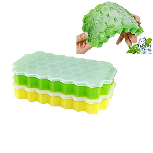 Product Cover Ice Cube Trays,2 Pack Food Grade Silica Gel Flexible and BPA Free 74 Cubes Ice Trays with Lid Stackable Mini Cocktail Whiskey Ice Cube Mold Storage Containers-Green/Yellow