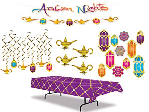 Product Cover Arabian Nights Party Decoration Kit Including a Table Cover, Hanging Decorations, 3-D Foil Centerpieces, Streamer Set, and Cutouts