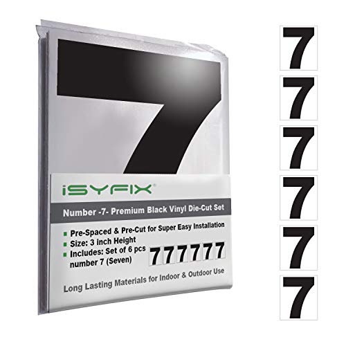 Product Cover Black Vinyl Number 7 (Seven) Stickers - 6 Pack 3-Inch Self Adhesive - Premium Decal Die Cut & Pre-Spaced for Mailbox, Signs, Door, Cars, Trucks, Home, Business, Address Number, Indoor & Outdoor