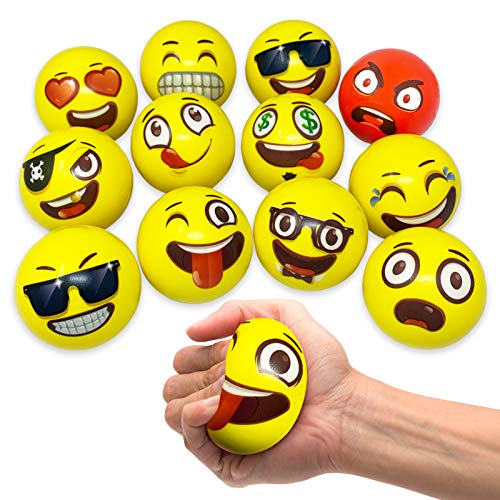 Product Cover Oji-Emoji Party Pack 12 Emoji Stress Balls, stocking stuffers for kids, Christmas gift, Stress Reliever Fidget Party Pack Favor Toy for Kids, Therapy Squeeze Stocking Stuffers, Special Needs, Concentration, Anxiety, Motivation, ADHD, Autisi
