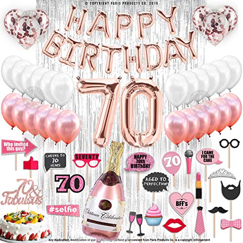 Product Cover 70th BIRTHDAY DECORATIONS WITH PHOTO PROPS | 70 Birthday Party Supplies| 70 & Fabulous Cake Topper Rose Gold Banner| Rose Gold Confetti Balloons for her| 70th Bday Backdrop Silver Curtain Photo booth