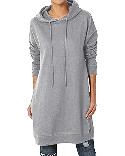 Product Cover Kidsform Women's Long Sleeve Hoodie Tunic Dress Solid Pullover Loose Sweater Hoodie Sweatshirt Long Tops with Pocket