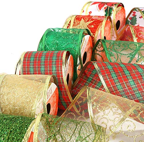 Product Cover Christmas Wired Ribbon, Assorted Plaid Sparkling Decorations Wired Sheer Glitter Tulle Ribbon 36 Yards (2.5