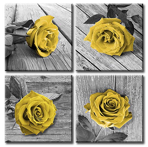 Product Cover JiazuGo - Yellow Rose Flowers Wall Art Decor Black White Gray Still Life Pictures Valentine's Day Canvas Print Framed Paintings for Outdoor and House Wall Decorations for Living Room Women Bedroom 12...
