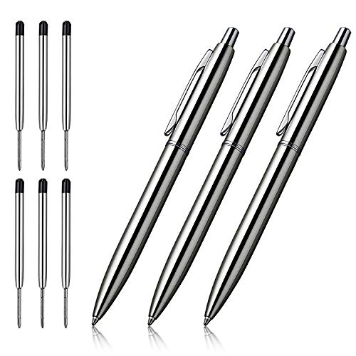 Product Cover ChaoQ Ballpoint Pen, 3 Pcs Retractable Metal Ballpoint Pens, for Gift, Business, Office, 1.0mm Medium Point Black Ink, 6 Extras Replaceable Metal Refills, (3 Pens and 6 Refills) - Stainess Steel
