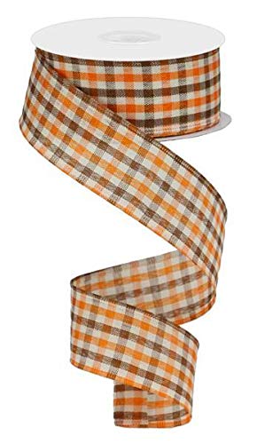 Product Cover Wired Ribbon Fall Woven Gingham Check in Orange, Ivory and Brown 1.5 Inches x 10 Yards for Wreaths, Floral Arrangements, Gift Wrapping, Crafting