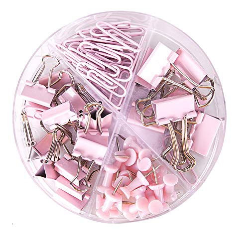 Product Cover Paper Clips and Binder Clips Push Pins Set and Holder, Syitem Non-Skid Map Tacks Thumbtacks Clips Kits with Container for Office School Home Desk Supplies, 72 PCS Assorted Sizes (Pink)