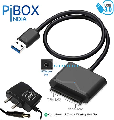 Product Cover PiBOX India - SATA to USB 3.0 Cable, USB 3.0 to SATA III Hard Drive Adapter Compatible for 2.5 3.5 Inch Desktop HDD/SSD Hard Drive Disk and SATA Optical Drive with 12V 1A Power Adapter, Support UASP