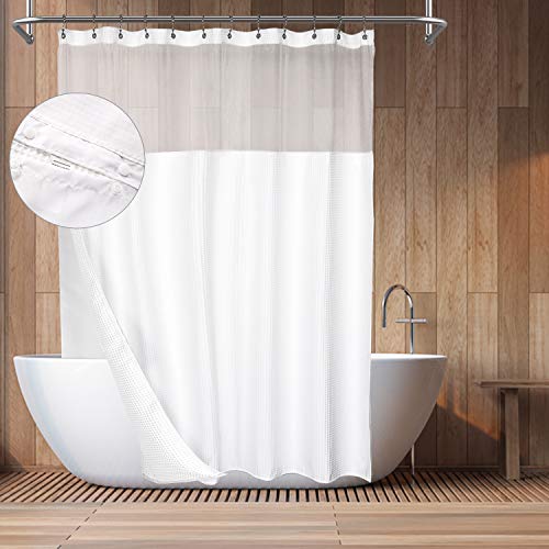 Product Cover Barossa Design Hotel Style Cotton Shower Curtain with Snap-in Fabric Liner, Mesh Window Top, Honeycomb Waffle Weave Cotton Blend Fabric, Washable, White, 71x72 Inches
