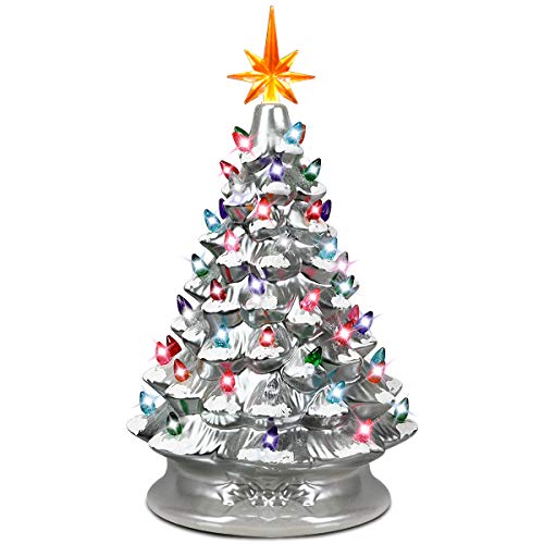 Product Cover Goplus Pre-Lit Hand-Painted Ceramic Christmas Tree, Tabletop Xmas Decor, with 66 Multicolored Lights and Top Star, Forever Lighted Holiday Centerpiece(15in, Silver)