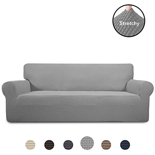 Product Cover PureFit Stretch Oversized Sofa Slipcover - Spandex Jacquard Non Slip Soft Couch Sofa Cover, Washable Furniture Protector with Non Skid Foam and Elastic Bottom for Kids (Oversized Sofa, Light Gray)