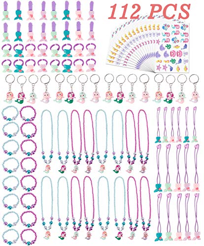 Product Cover Mermaid Birthday Party Supplies Favors Kit - Serves 16 - Bracelets, Necklaces, Keychains, Rings, HairClips, Tattoos, Hairbands, Birthday Gifts For Girl Kids Party Accessories - 112 Pcs