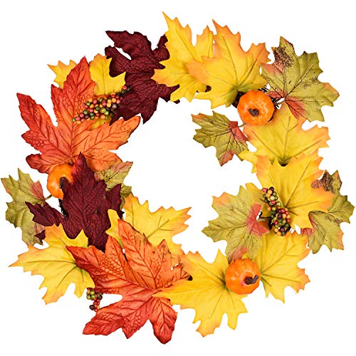 Product Cover Artiflr 13 Inch Artificial Autumn Fall Wreath, Harvest Thanksgiving Door Wreath for Front Door with Pumpkins, Maple Leaf and Berry