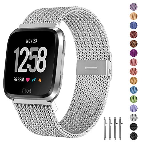 Product Cover Fitlink Metal Bands Compatible for Fitbit Versa/Versa Lite Edition/Versa 2 Smart Watch for Women and Men,Small and Large, Multi-Color (Silver,Small)